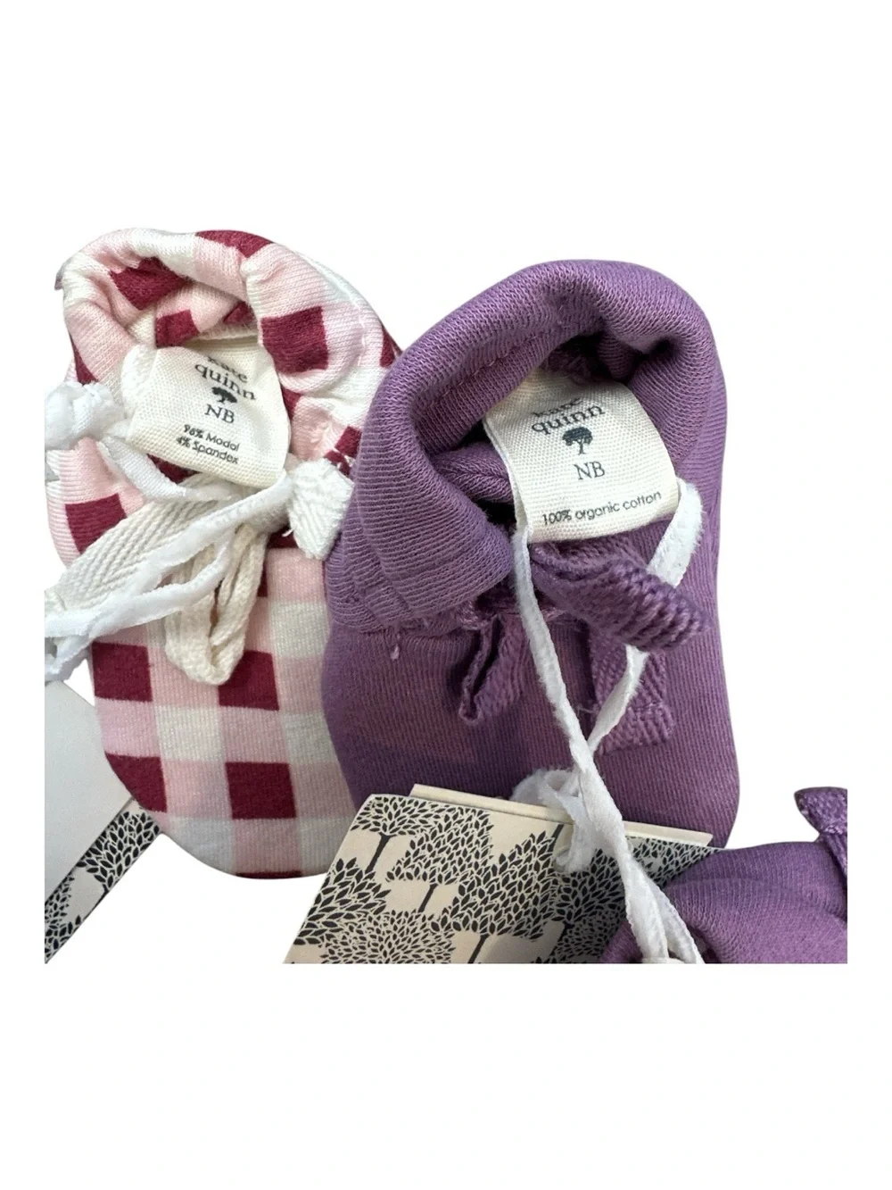 KATE QUINN Newborn Tie Booties “Raspberry Gingham” & “Dusty Grape” Slippers, NEW